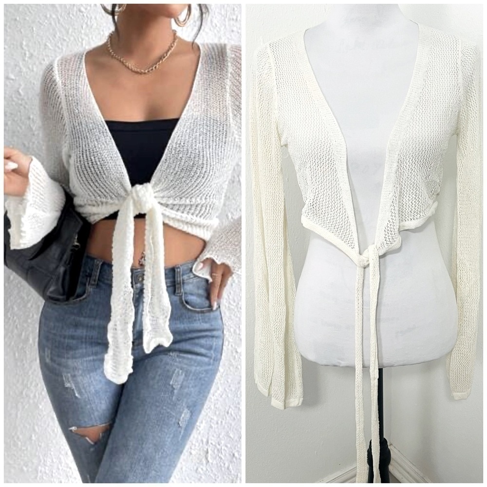 Women’s Trumpet Sleeve Knot Front Crop Cardigan Ivory Size Small Boho Beach NWOT